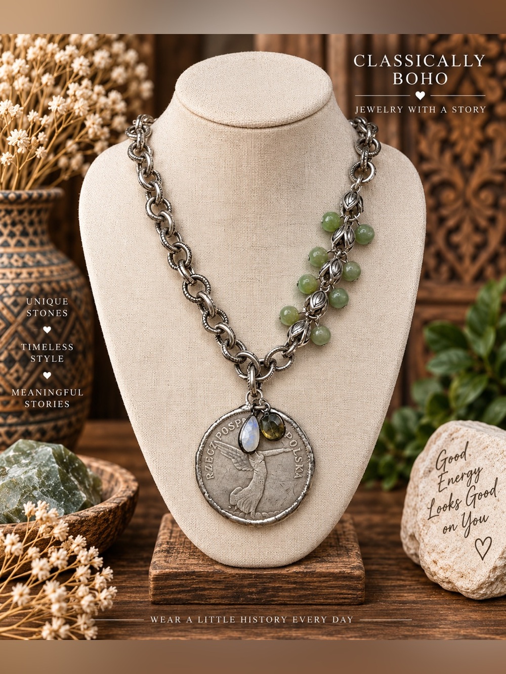 Polish Dancing Angel Coin + Jadeite Necklace